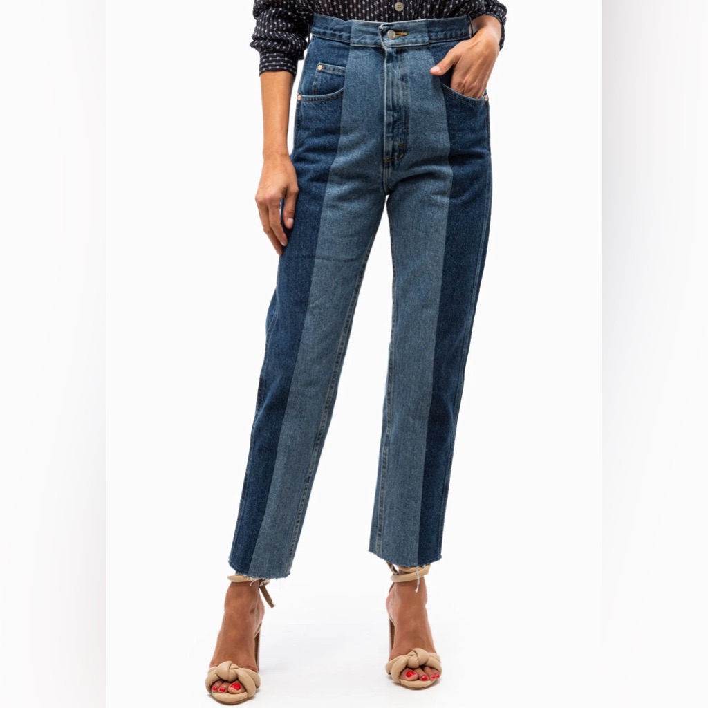 E.L.V. Denim Twin Straight Distressed Leg Two Toned Jeans Dark Mid Blue Contrast